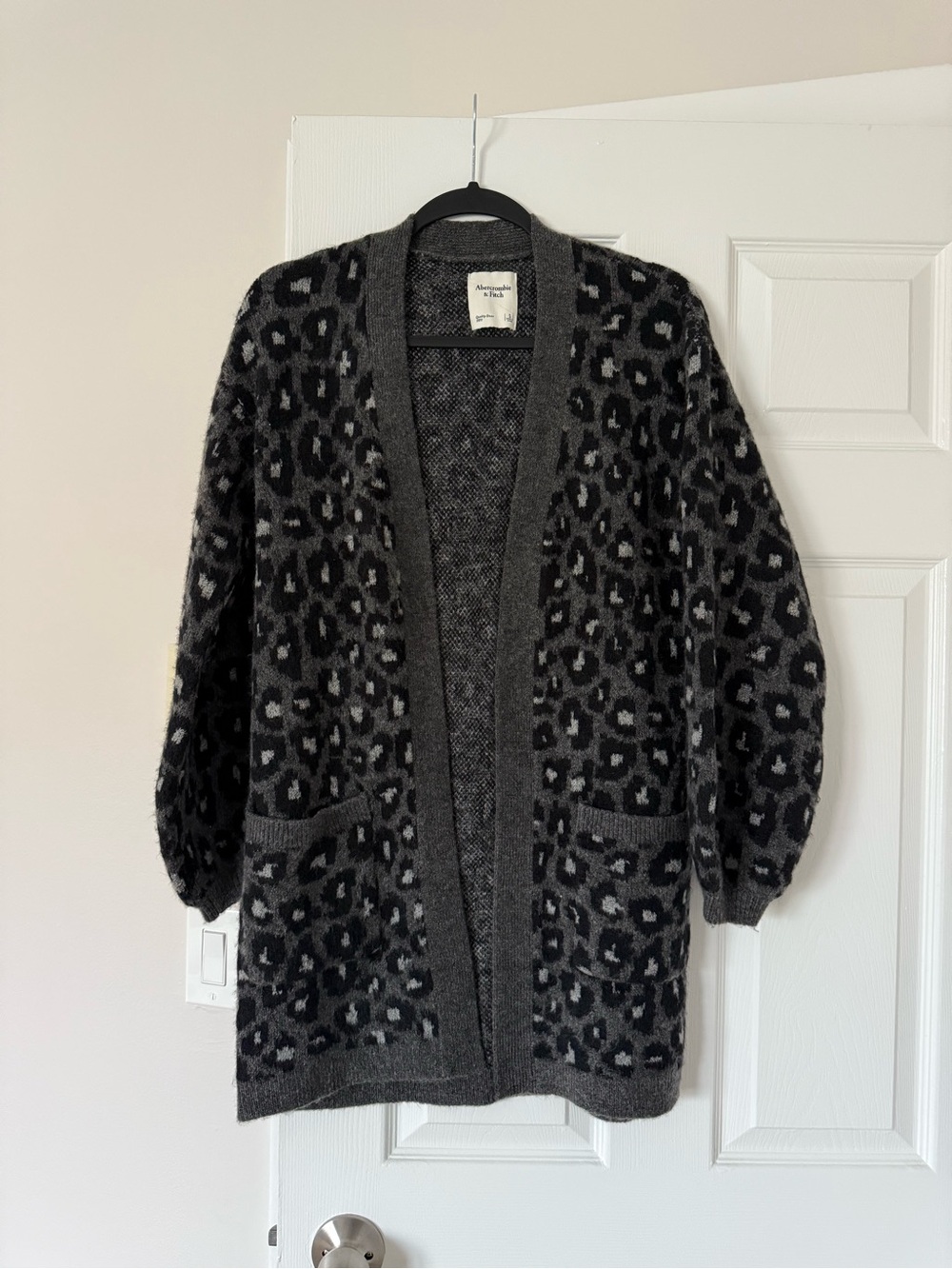 Abercrombie & Fitch Charcoal Leopard Open-Front Cardigan